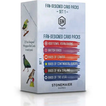Load image into Gallery viewer, Box of Stonemaier Games fan-designed card packs with bird illustrations on a white background