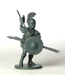 28mm plastic miniature figure Iberian warrior with plumed helmet, round shieled and spears