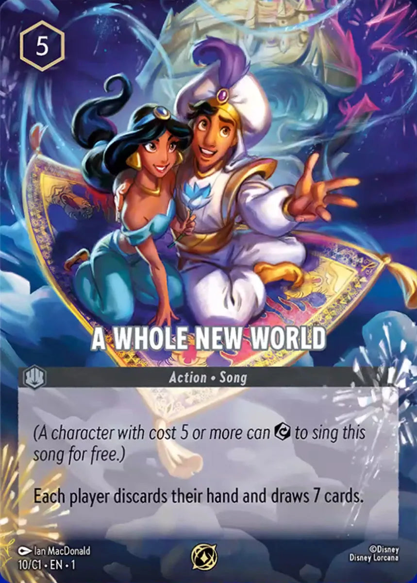Card featuring Aladdin and Jasmine with a magical background, labeled 'A Whole New World'.