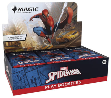 Marvel Spider-Man play booster box for Magic: The Gathering featuring Spider-Man on the packaging.
