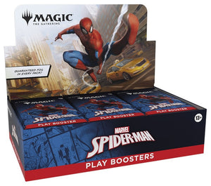 Marvel Spider-Man play booster box for Magic: The Gathering featuring Spider-Man on the packaging.