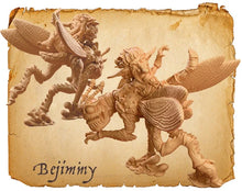 Load image into Gallery viewer, A set of unpainted fantasy miniature figures depicting two winged beast-like creatures on a textured, aged parchment-style background with the name 'Bejiminy' written in script at the bottom.
