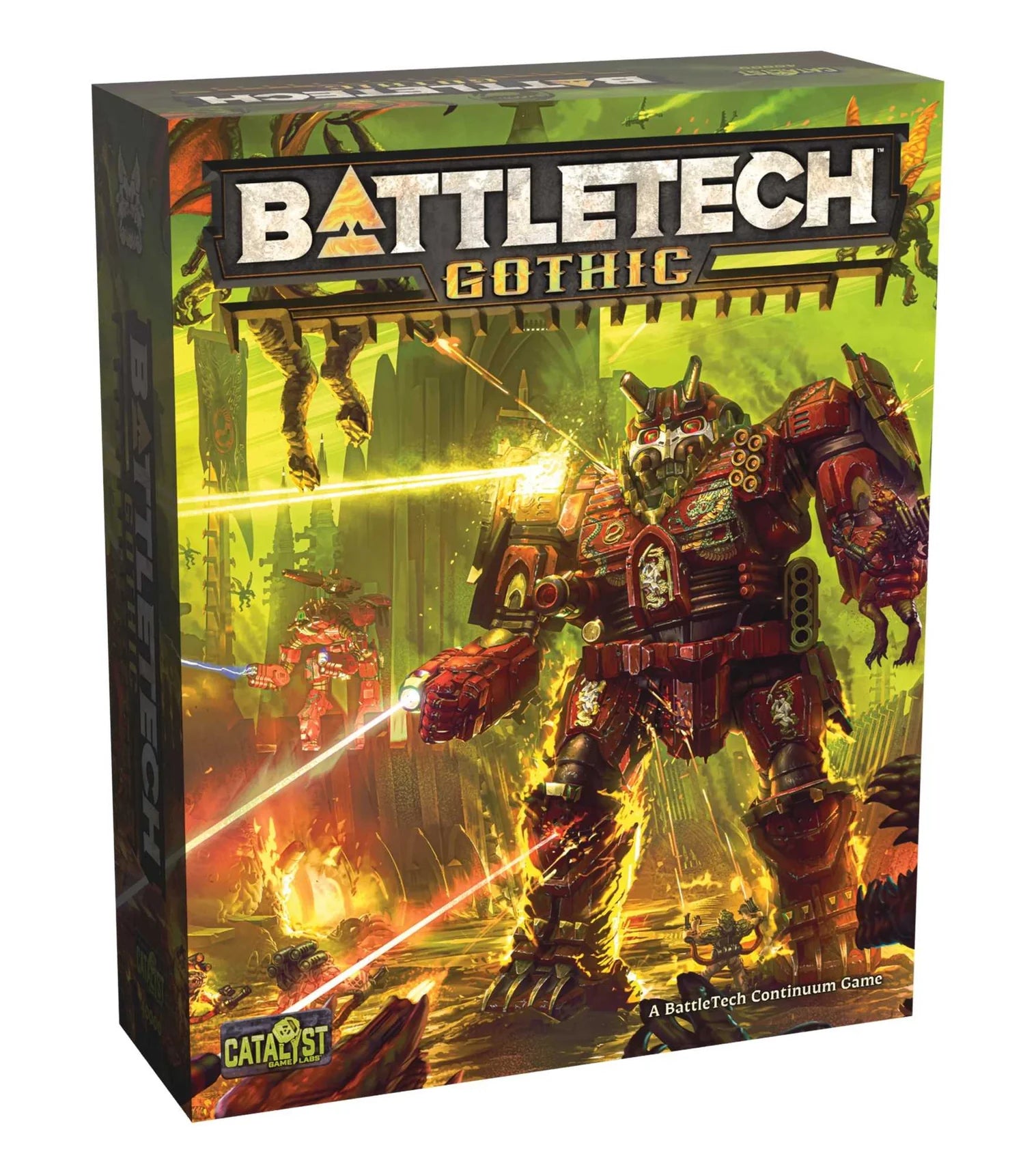 Battletech Gothic game box with robot illustration on a neon green background 