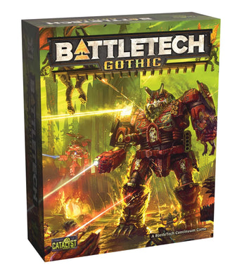 Battletech Gothic game box with robot illustration on a neon green background 