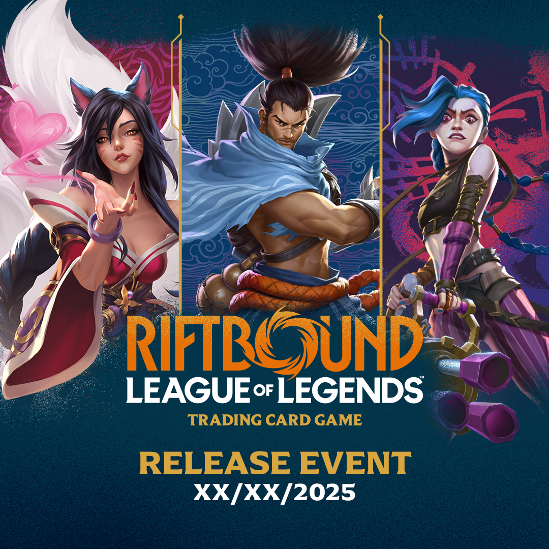Promotional graphic for 'Riftbound League of Legends' trading card game release event with three characters on a blue background.