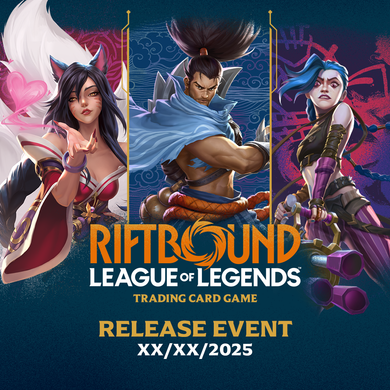 Promotional graphic for 'Riftbound League of Legends' trading card game release event with three characters on a blue background.