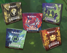 Load image into Gallery viewer, Five 'Secrets of Strixhaven' trading card game packs on a green background