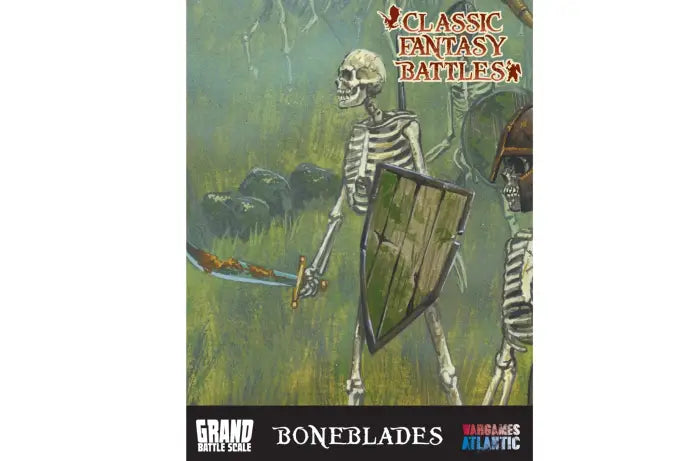 Fantasy battle scene with skeletons holding swords and shields, featuring 'Classic Fantasy Battles' branding.