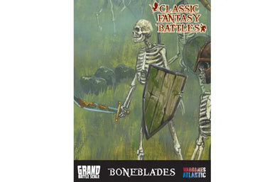 Fantasy battle scene with skeletons holding swords and shields, featuring 'Classic Fantasy Battles' branding.