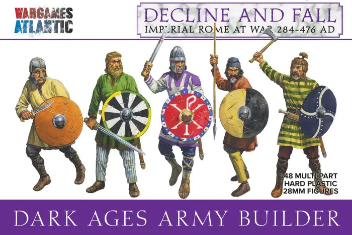 Wargaming figurine set packaging for 'Decline and Fall' with Roman soldiers on a white background.