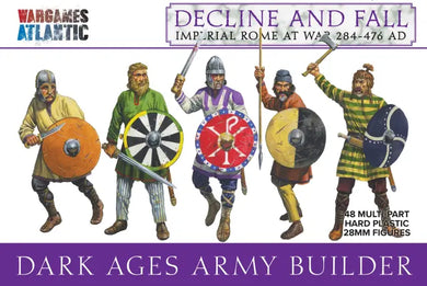 Wargaming figurine set packaging for 'Decline and Fall' with Roman soldiers on a white background.