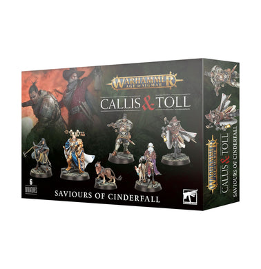 Product image of a box set containing miniature figures labeled 'Saviours of Cinderfall' for the Warhammer Age of Sigmar game. The box displays various fantasy characters, including humans and a dog-like creature, in a dynamic pose against a themed backdrop.