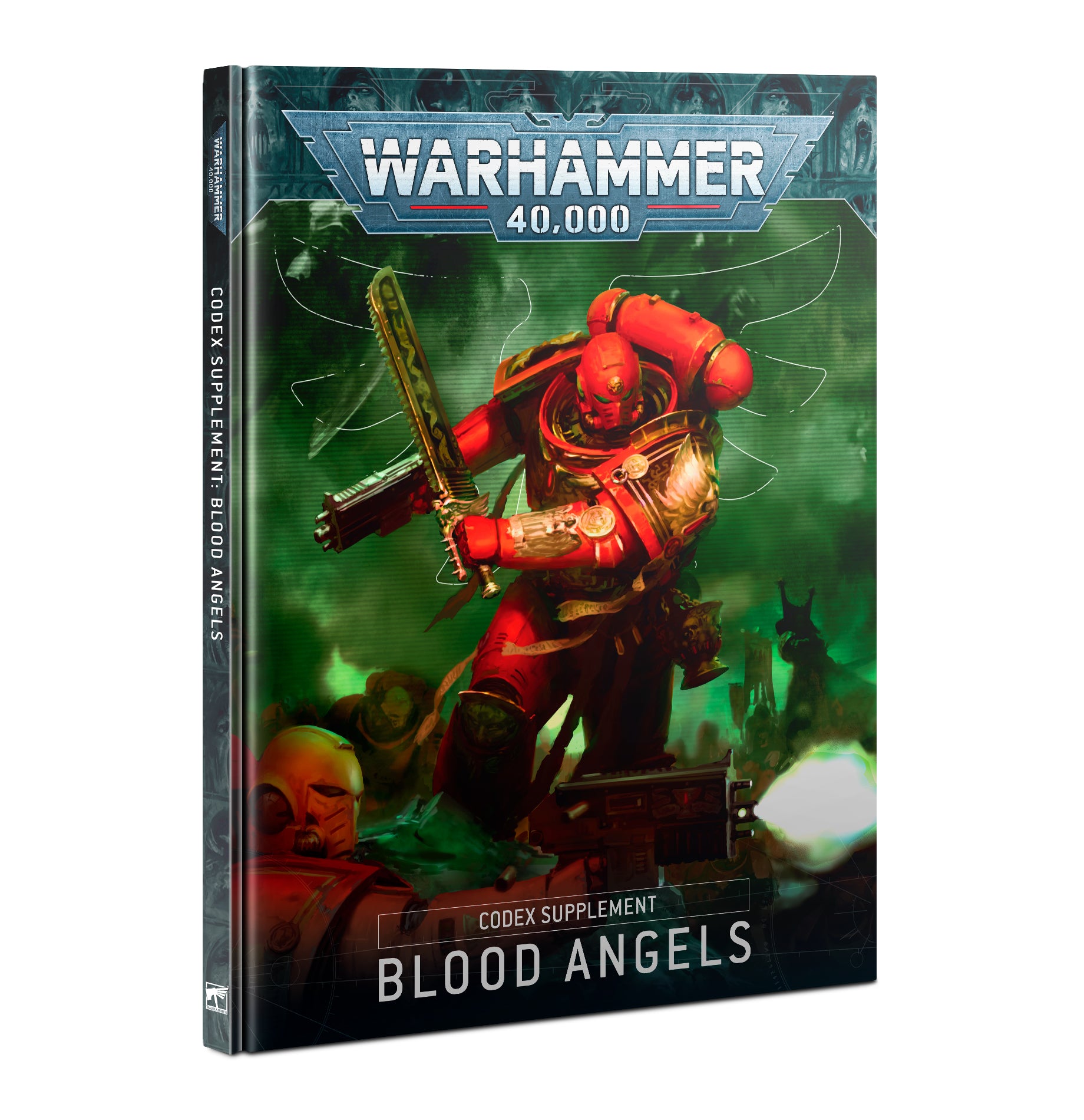 Book withillustration of a  warhammer 40K Blood angel leaning into a kill using a chainsword, 
