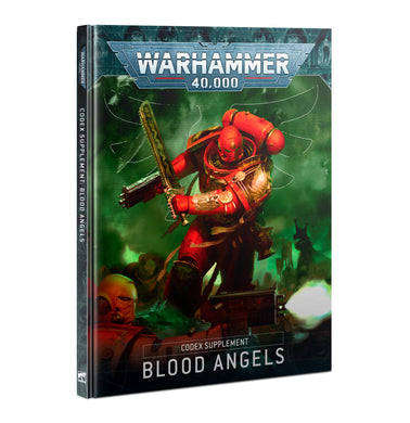 Book withillustration of a  warhammer 40K Blood angel leaning into a kill using a chainsword, 