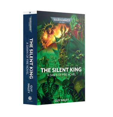 Book titled 'The Silent King' by Guy Haley with Warhammer branding on a white background