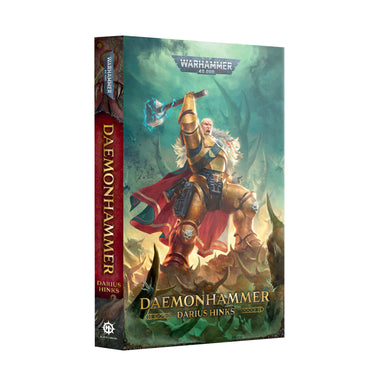 Book titled 'Daemonhammer' by Darius Hinks with a fantasy character on the cover against a green background.