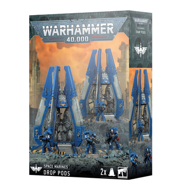 Warhammer 40,000 Space Marines Drop Pods packaging with models on a detailed background