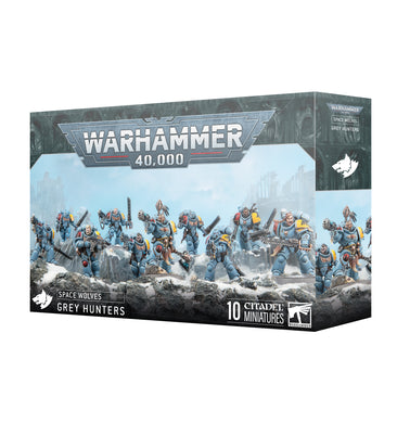 Warhammer 40,000 Space Wolves Grey Hunters miniatures box on a snowy background