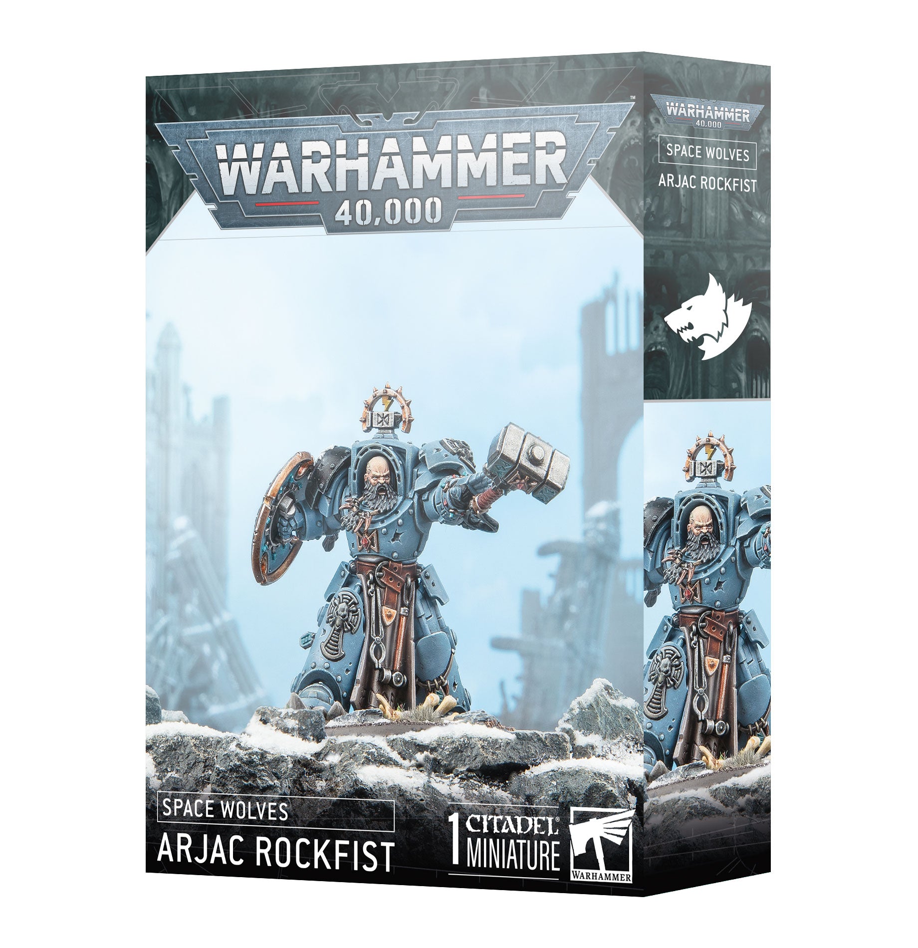 Warhammer 40,000 Space Wolves Arjac Rockfist miniature figure packaging on a white background