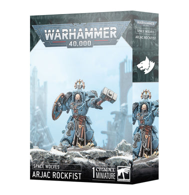 Warhammer 40,000 Space Wolves Arjac Rockfist miniature figure packaging on a white background