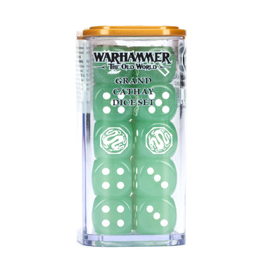 Green dice set in a clear container with 'Warhammer' branding on a white background