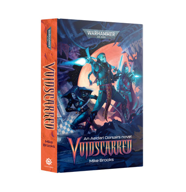 Book cover of 'Voidscarred' by Mike Brooks with Warhammer branding