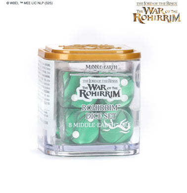 Green dice set in a clear container with gold lid, branded 'The Lord of the Rings: The War of the Rohirrim'.