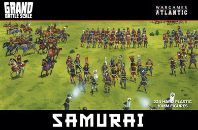 A box set depicting a historical battle scene with Samurai warriors, including various infantry and cavalry figures equipped with different weapons like spears and swords, along with casualty figures. The figures are meant for a wargames hobby.