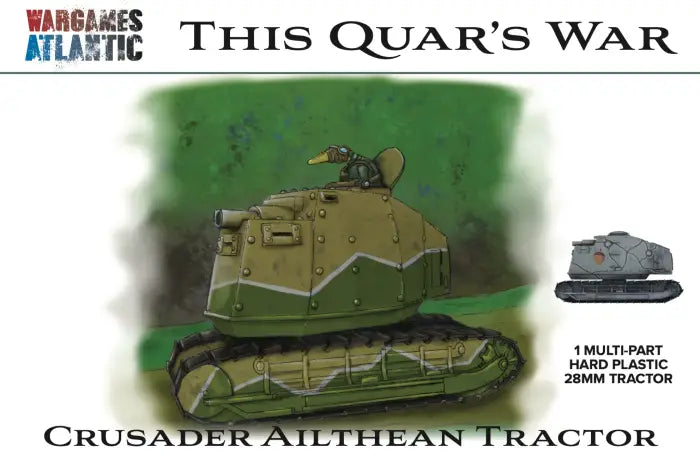 Model of a Crusader Aithlean Tractor with branding and product details on a green background