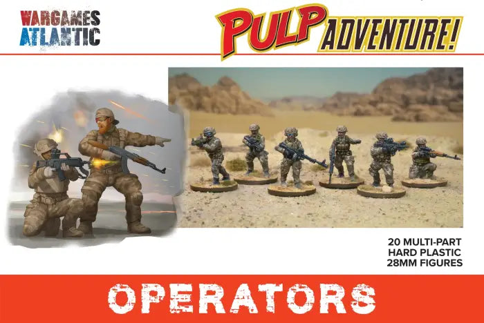 Wargame figures with desert landscape background and 'Pulp Adventure!' branding.