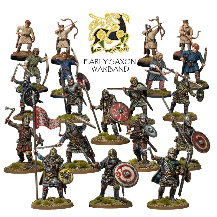 Collection of Early Saxon Warband figurines with a logo above them on a white background.