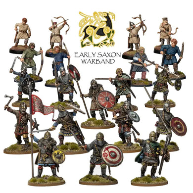 Collection of Early Saxon Warband figurines with a logo above them on a white background.