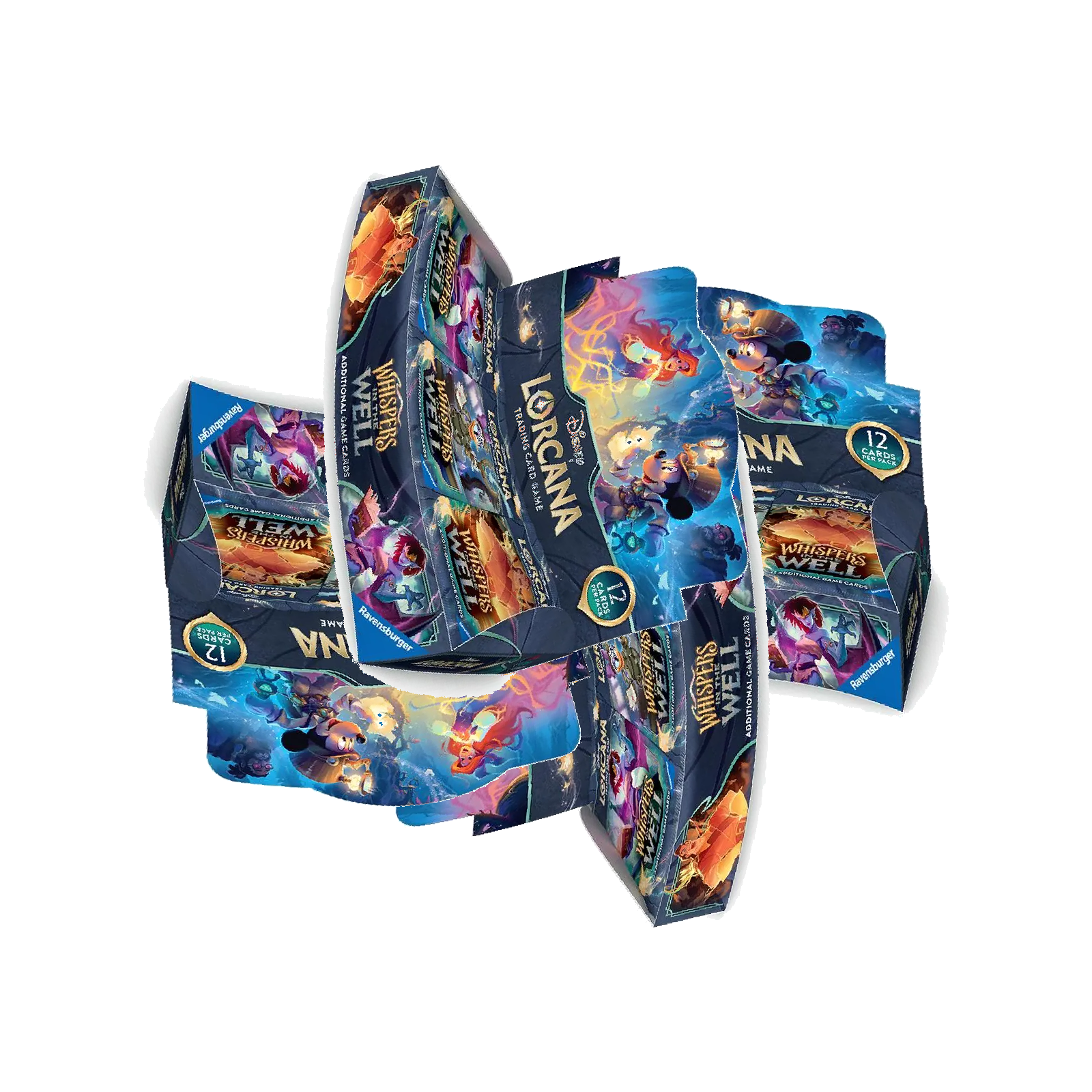 Collection of disney lorcana whispers  in the well collectible card game boxes on a white background