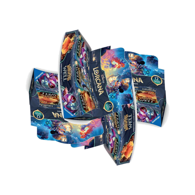 Collection of disney lorcana whispers  in the well collectible card game boxes on a white background