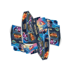 Collection of disney lorcana whispers  in the well collectible card game boxes on a white background