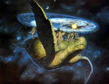 Load image into Gallery viewer, Illustration of a large turtle with elephants on its back, set against a cosmic background.