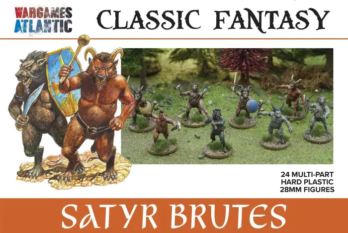 Wargaming miniatures set for 'Satyr Brutes' with 'Wargames Atlantic' branding.