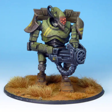 Toy figure in green and brown armor with a weapon on a blue background