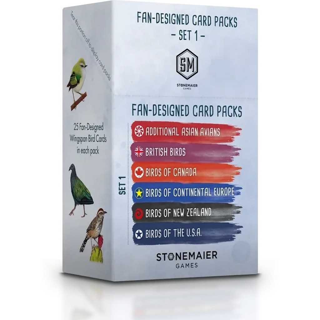 Box of Stonemaier Games fan-designed card packs with bird illustrations on a white background