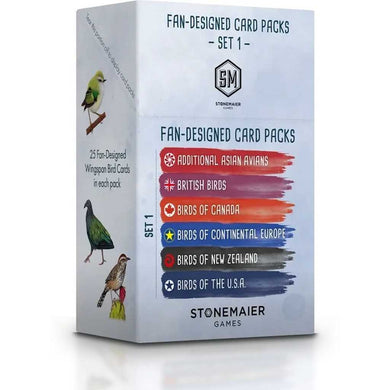 Box of Stonemaier Games fan-designed card packs with bird illustrations on a white background