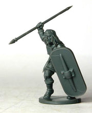 Load image into Gallery viewer, 28mm Plastic miniature figure holding pill shaped shield and spear, Iberian armoured Warrior