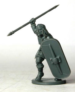 28mm Plastic miniature figure holding pill shaped shield and spear, Iberian armoured Warrior